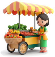 Smiling vendor displays colorful produce at a market cart. png