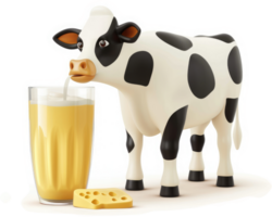 Cartoon cow drinks milk and cheese is near. png