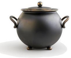 Dark, round cauldron with a lid and handles. png