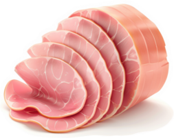 Sliced cured ham presentation, showcasing slices in a spiral arrangement. png