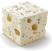 A cubed block of swiss-style cheese with holes. png