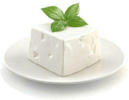 Fresh, cubed white cheese on a plate with basil. png