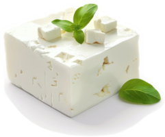 Fresh feta cheese block garnished with basil leaves. png