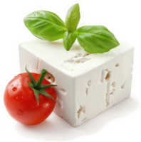 Fresh feta cheese block with basil and cherry tomato. png