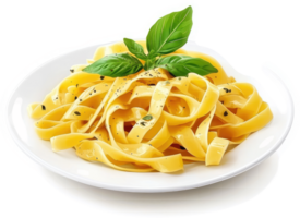 A plate of cooked fettuccine pasta topped with basil. png