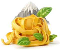 A vibrant heap of yellow pasta with basil and a mountain. png