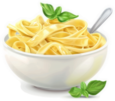 Creamy fettuccine pasta in a white bowl, garnished with fresh basil. png