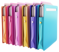 Colorful file folders neatly stacked in a row. png