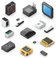 Diverse electronic components and devices arranged in a clustered layout. png