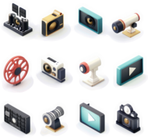 Retro-styled multimedia device icons in an isometric grid. png
