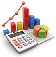 Colorful financial data visualization with calculator and graphs. png