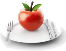 Single red apple presented on a white plate with utensils. png