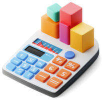 Colorful 3D calculator with stacked block graphs illustrates financial data analysis. png