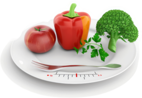 Colorful fruits and vegetables displayed on a plate with a measuring fork. png