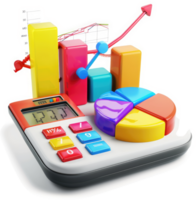 Colorful graphs and charts overlaid on a calculator display financial data. png