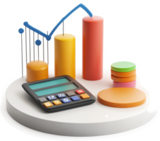 Colorful financial data visualization with calculator and bar graph. png