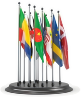 Multiple national flags displayed on flagpoles, arranged on a circular base. png