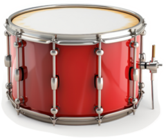 Red snare drum, metallic hardware, and a pristine finish. png