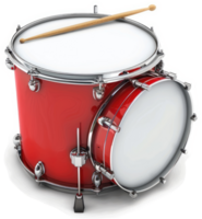 Red drum kit with drumsticks resting on top. png