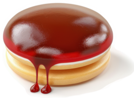 Round, chocolate-glazed, layered dessert with dripping red topping. png