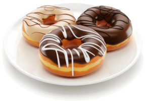 Three glazed doughnuts on a plate, showcasing variety. png