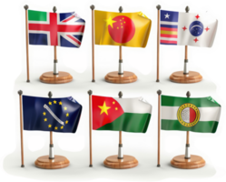 Miniature flags of various countries displayed on wooden stands. png
