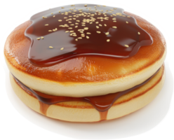 Delicious, double pancake topped with savory syrup and sesame seeds. png