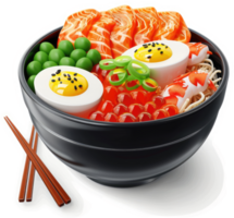 Colorful bowl of ramen with salmon, shrimp, eggs, and peas. png