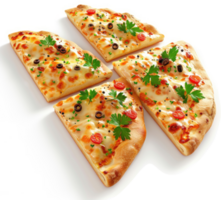 Four triangular slices of cheesy pizza with toppings. png