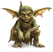 Fantasy creature, seated, with pointed ears and a mischievous expression. png