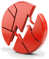 A fragmented, red circular graphic, symbolizing a broken-down pie chart. png