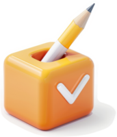 Orange cube with checkmark and pencil, representing task completion. png