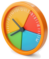 Colorful clock with a segmented face displays various time segments. png