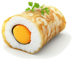 Fried egg crepe-wrapped sushi roll with a savory filling. png