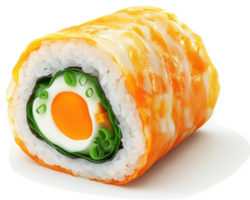 A vibrant orange-glazed sushi roll, featuring an egg and vegetable filling. png