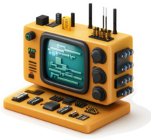 Retro-styled computer, showcasing internal components and circuitry. png