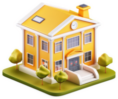 A three-dimensional rendering of a bright yellow school building. png