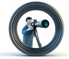 A person observes through a large telescope within a circular frame. png
