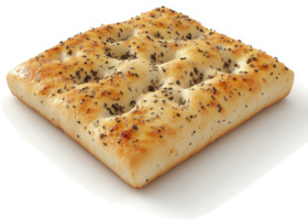 Square, golden-brown focaccia, sprinkled with herbs and seeds. png
