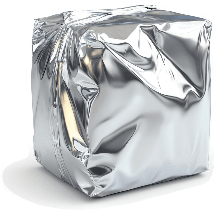 Crinkled metallic foil packaging lies on a white surface