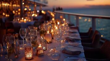 A dinner table on a cruise ship with candles photo