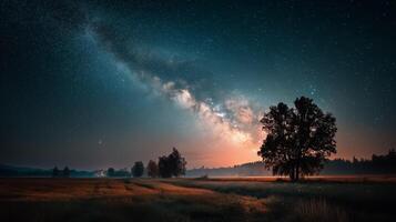 The milky way over a field with trees and a sky photo
