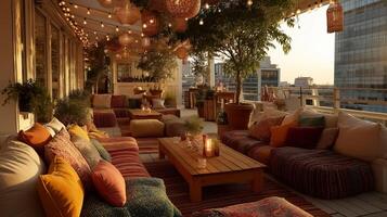 A balcony with lots of colorful pillows and furniture photo