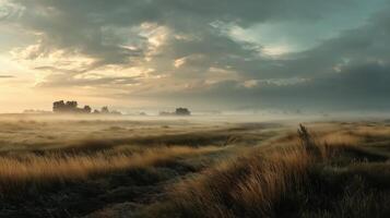 A foggy field with tall grass and a castle in the distance photo
