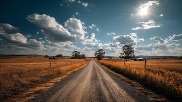 A dirt road in the middle of a field with clouds in the sky photo
