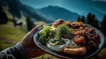 A plate of food is being held in front of a mountain photo