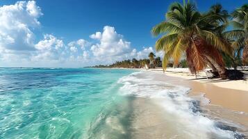 A beach with palm trees and waves on the shore photo