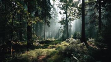 A forest with trees and grass in the middle photo