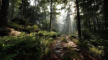 A path through a forest with trees and grass photo