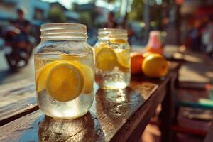Two mason jars with lemon slices sitting on a table photo